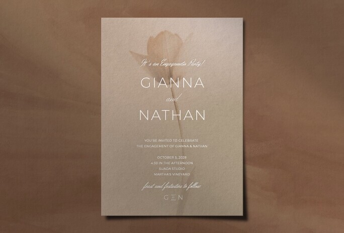 Minimalist neutral-toned engagement party invitation featuring soft beige textures, delicate floral shadow artwork, and elegant white typography for a modern romantic celebration aesthetic.