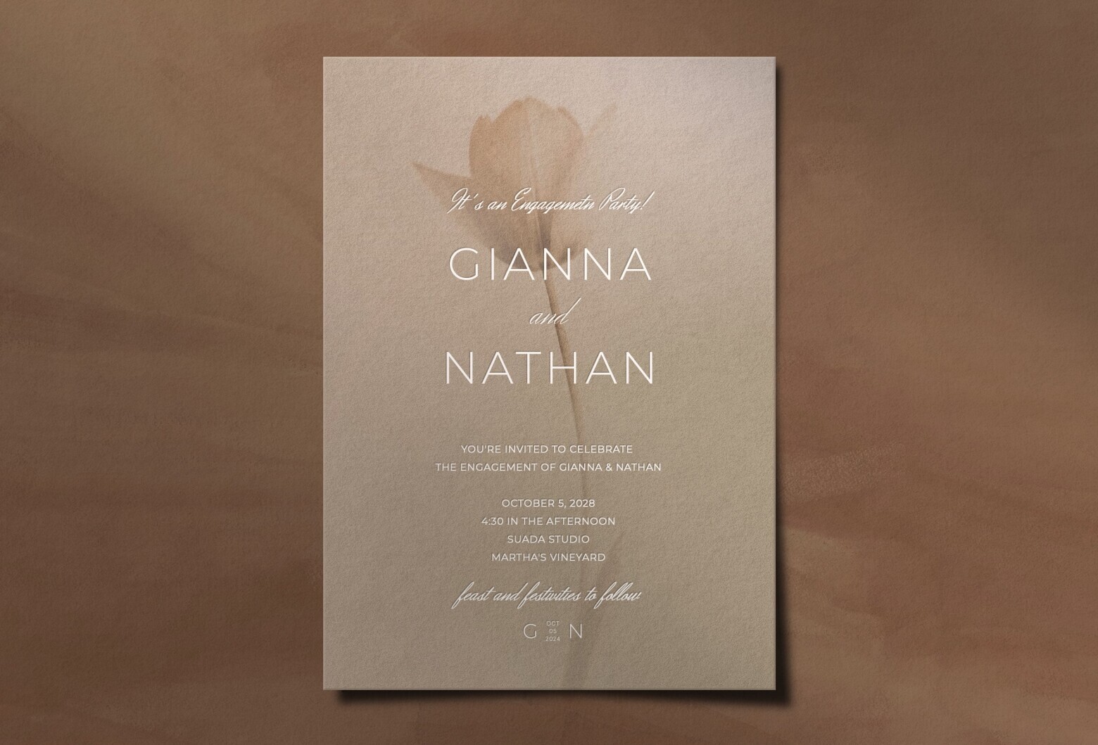 Minimalist neutral-toned engagement party invitation featuring soft beige textures, delicate floral shadow artwork, and elegant white typography for a modern romantic celebration aesthetic.
