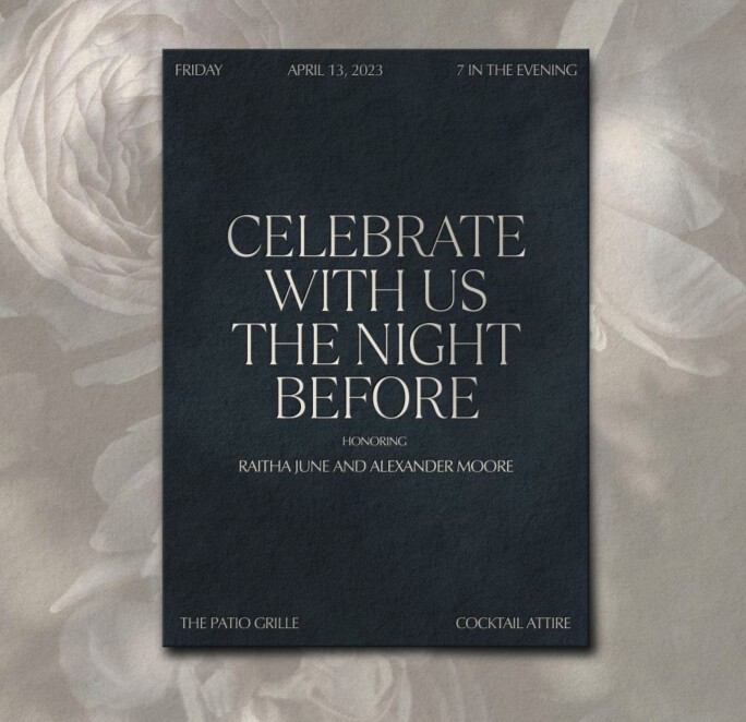Elegant navy blue rehearsal dinner invitation with classic serif typography in ivory, styled over a soft floral background for a timeless and romantic wedding weekend aesthetic.