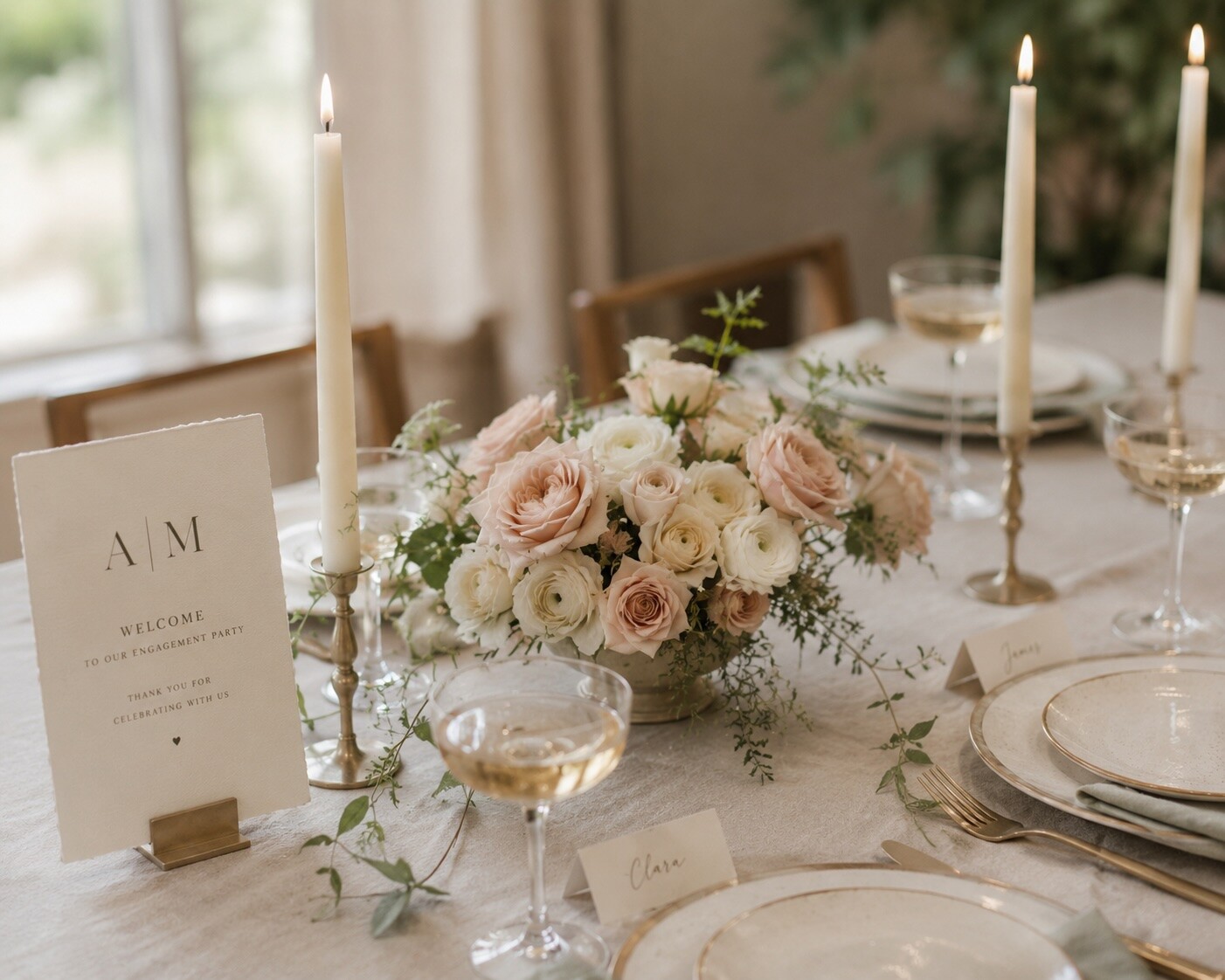 Engagement party table styled with the three-element rule: a low blush-and-ivory floral centerpiece under eight inches, ivory taper candles in brass holders, and a monogram welcome sign on cotton card stock, Bliss & Bone editorial style