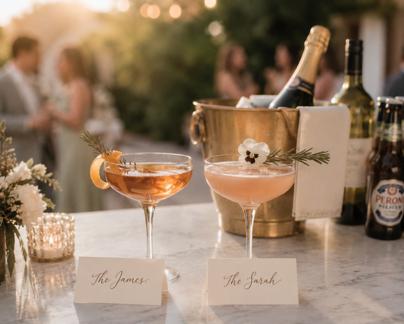 Engagement party signature cocktail station with two his-and-hers drinks in coupe glasses, hand-lettered calligraphy name cards, and citrus and rosemary garnishes on a marble bar, Bliss & Bone editorial style
