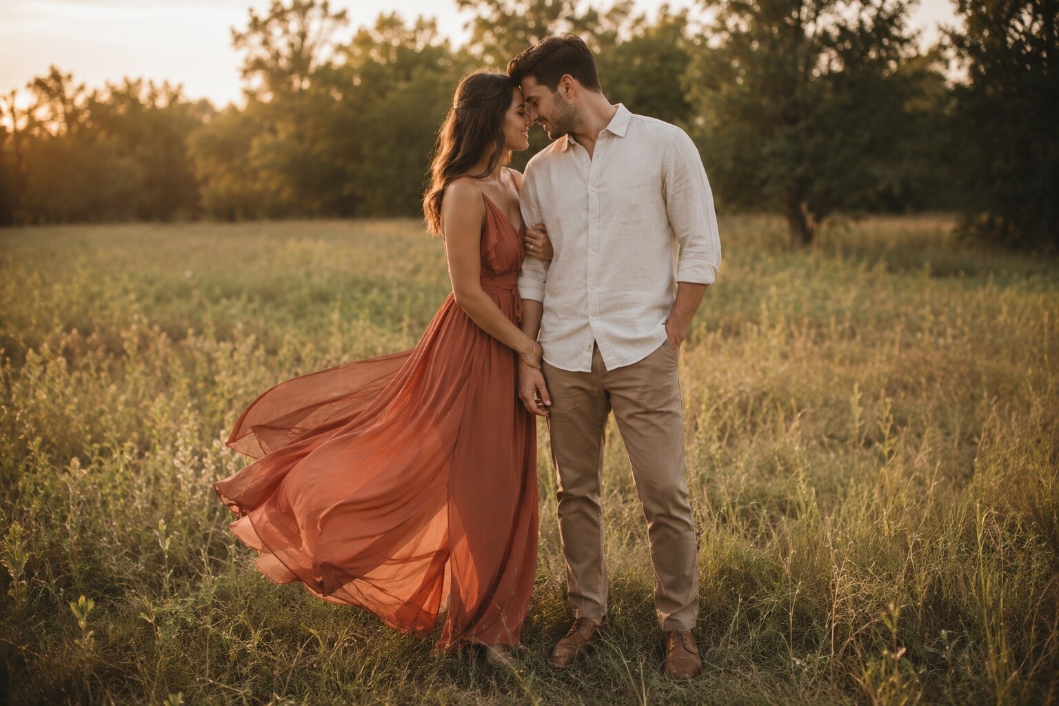 Couple in coordinated earth-tone engagement photo outfits, terracotta chiffon maxi dress and cream linen shirt, in a golden-hour field