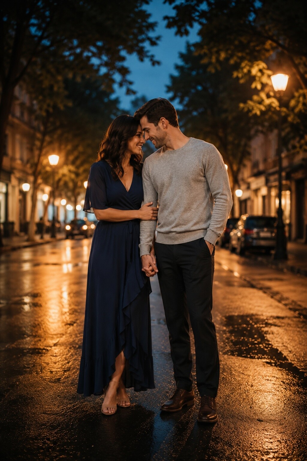 Engaged couple in coordinated neutral outfits standing close on a tree-lined urban street at dusk, navy wrap dress and grey sweater, showing how to dress for engagement photos