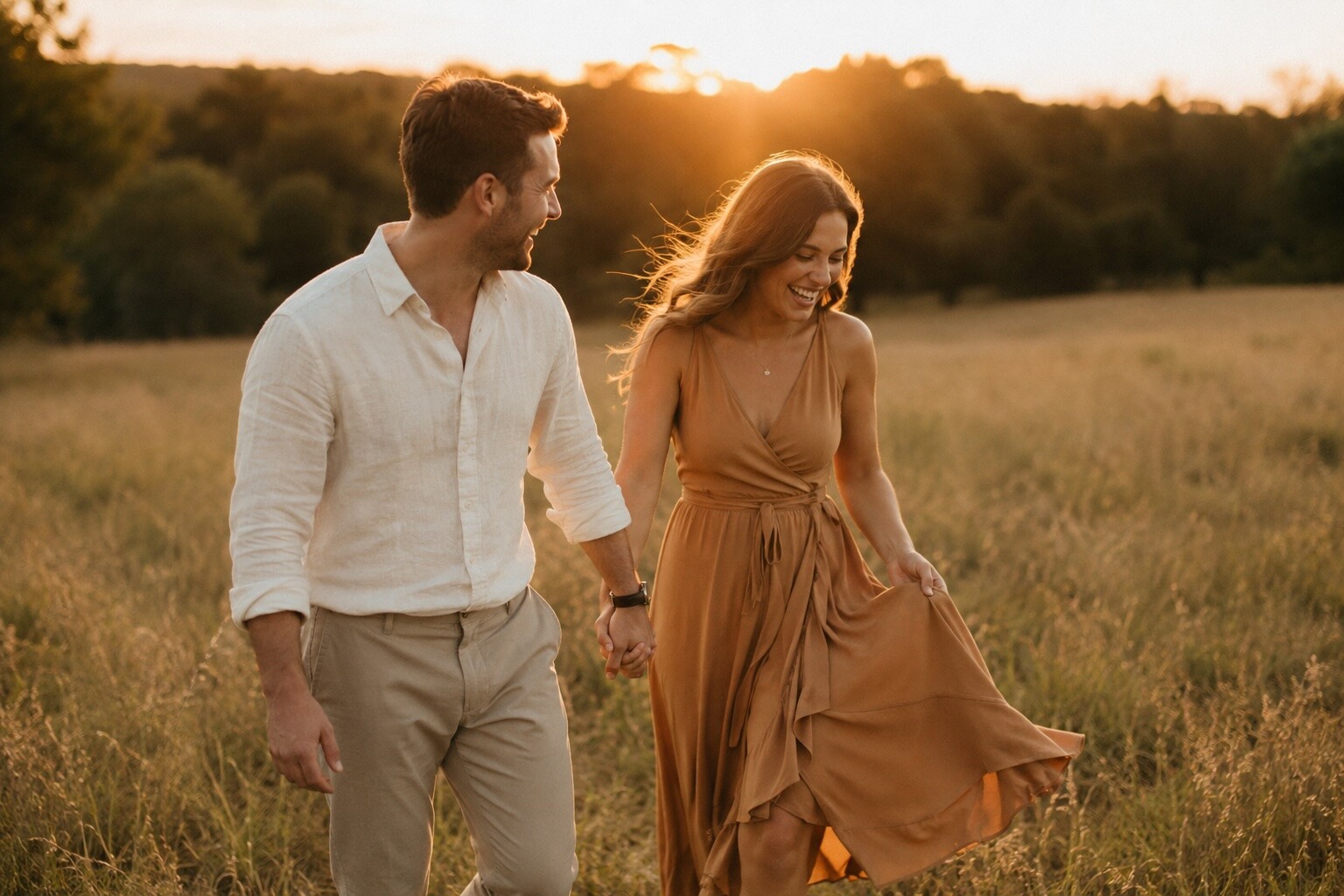 Couple walking hand in hand and laughing through a golden-hour field during a candid engagement photo session, she in a flowing camel midi dress and he in a cream linen shirt