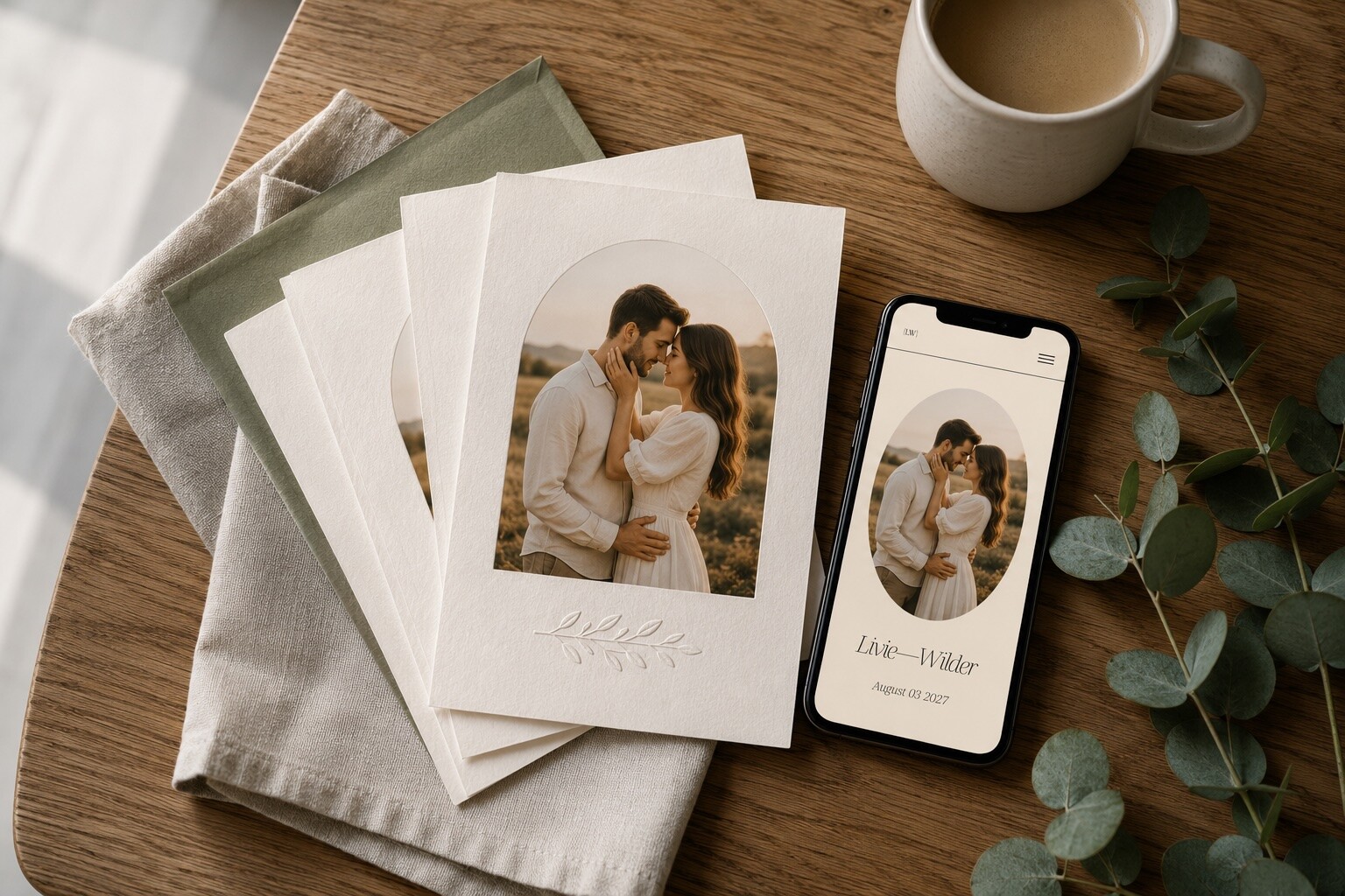 Overhead flat-lay of Bliss & Bone photo save-the-date cards beside a phone showing a wedding website with the same engagement photo, styled with eucalyptus on an oak table