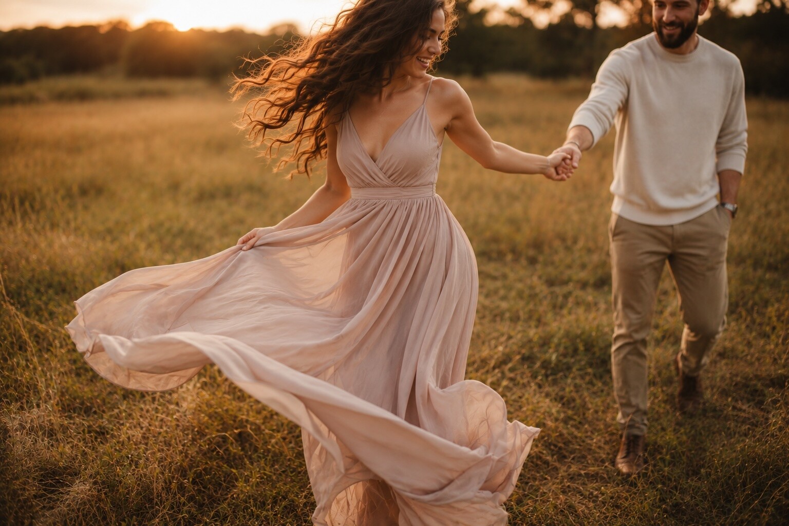 Flowing dusty-sage chiffon engagement dress catching the wind mid-movement in a golden-hour field, showing fabric that photographs well