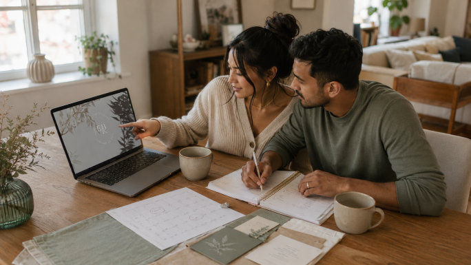 Newly engaged couple planning their wedding at a dining table, reviewing a wedding website on a laptop while writing in a planner, with a printed calendar, coffee mugs, and sage green invitation samples nearby.