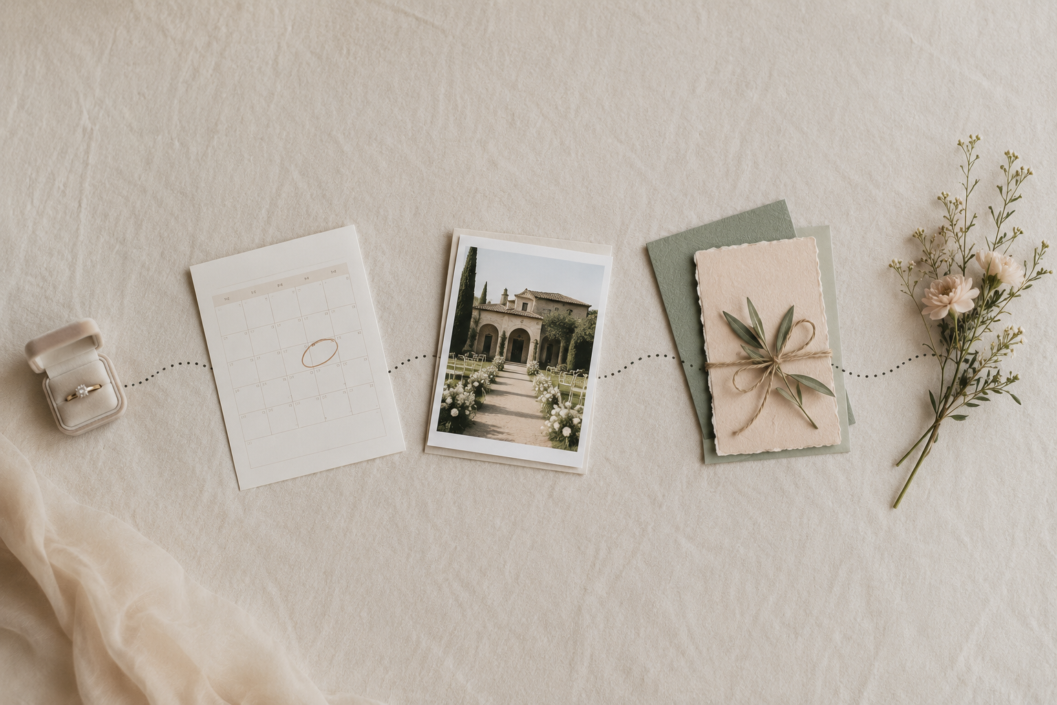 Top-down flat lay showing the wedding planning journey from ring box to circled calendar date to venue contract to invitation samples and florals on cream linen.