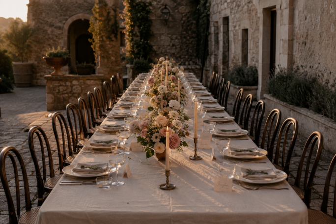 Bliss & Bone luxury wedding reception at golden hour with a single long ivory-linen table, low blush and cream garden-rose arrangements, beeswax taper candles in brass holders, and hand-calligraphed ecru place cards in a stone courtyard.