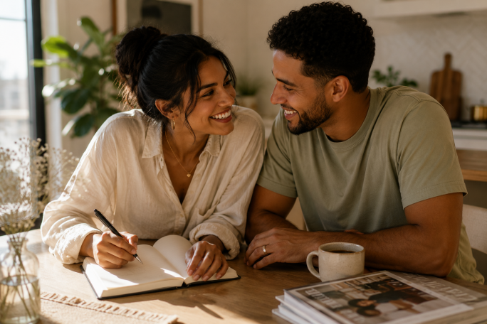 A newly engaged couple sitting together with coffee and a notebook, talking through their first wedding-planning ideas, on the Bliss & Bone how to start planning a wedding guide.