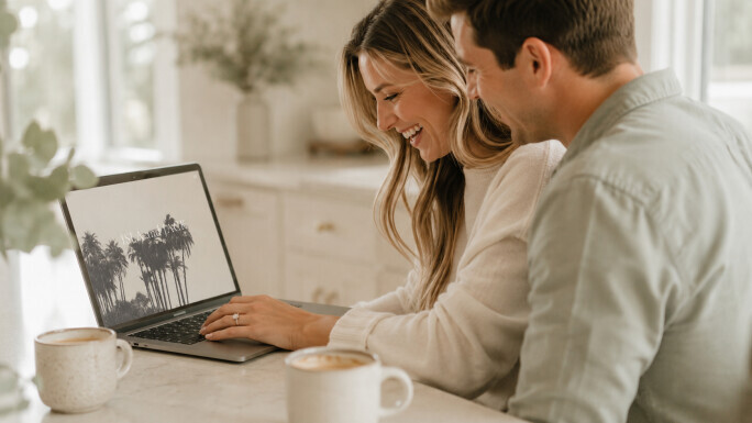 Newly engaged couple at home browsing a Bliss & Bone wedding website on a laptop, a solitaire engagement ring on the left hand, in soft natural light and a neutral greige kitchen.