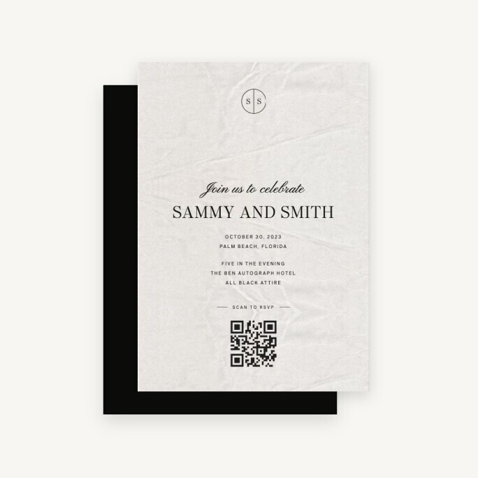 White textured wedding invitation with black typography, monogram, event details, and a QR code for guests to RSVP.