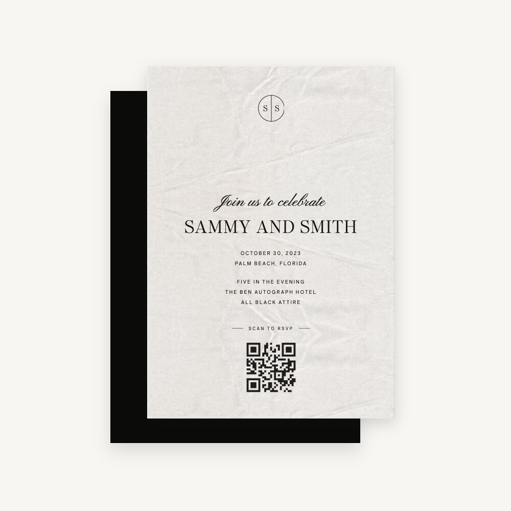 White textured wedding invitation with black typography, monogram, event details, and a QR code for guests to RSVP.
