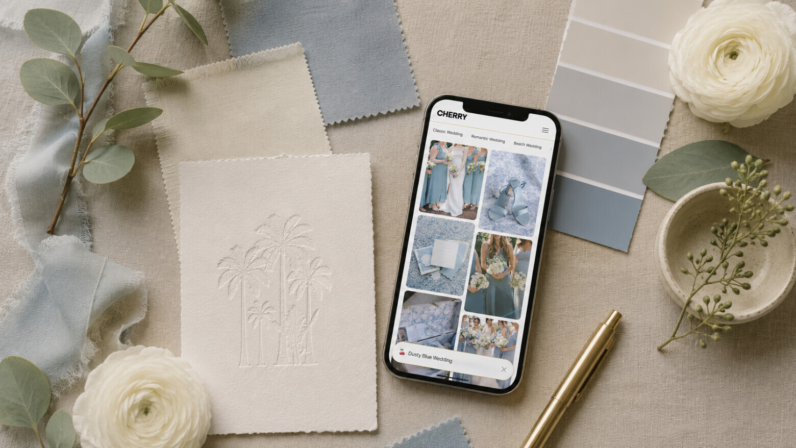 Overhead wedding mood board with dusty-blue fabric swatches, eucalyptus, a letterpress Bliss & Bone save the date, and a phone showing real wedding inspiration, styled on greige linen for finding a wedding aesthetic.