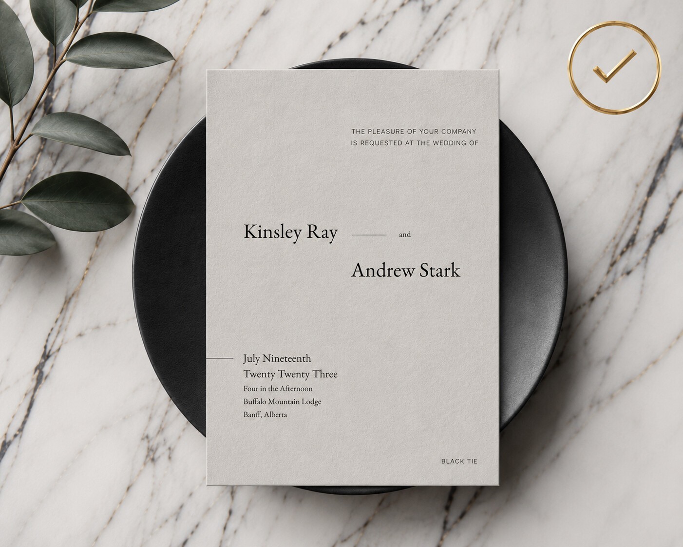 Minimalist black tie wedding invitation flat lay on marble with elegant serif typography and a refined gold checkmark icon in the upper corner, styled with modern luxury stationery details and soft editorial lighting for a wedding planning checklist thumbnail.